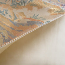 Load image into Gallery viewer, 袋帯 正絹 平安風景文様 金色xピンク色xベージュ色 金糸 ゴールド系 六通柄 フォーマル 礼装 長さ440cm