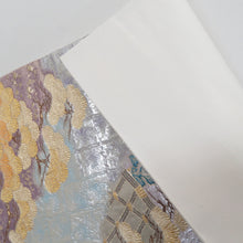 Load image into Gallery viewer, 袋帯 正絹 金糸銀糸 シルバー系 松に鶴と花々文様 シルバーxゴールド 六通柄 フォーマル 礼装 長さ440cm
