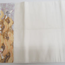 Load image into Gallery viewer, 袋帯 正絹 金糸銀糸 シルバー系 松に鶴と花々文様 シルバーxゴールド 六通柄 フォーマル 礼装 長さ440cm
