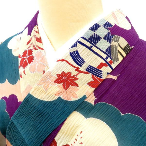 夏着物 昔 夏物 アンティーク 昔着物 ピンク 多色 雲取 花 風景 バチ衿