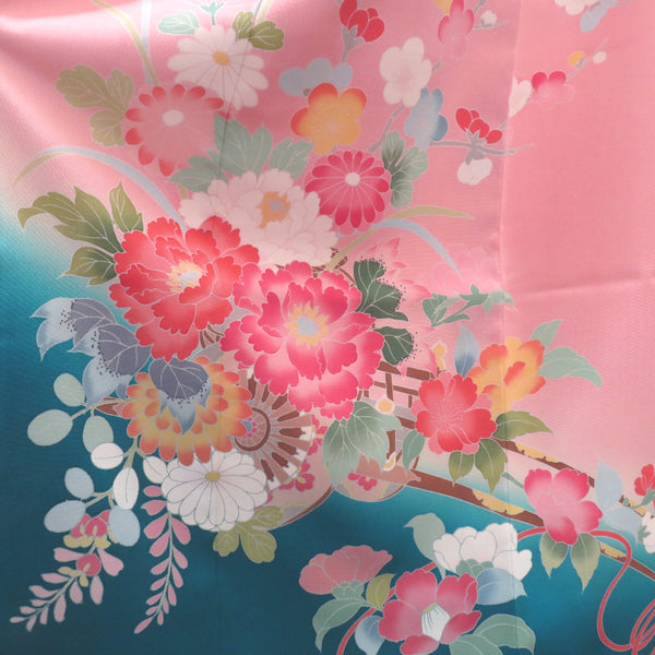 子供着物 女の子用 四つ身 襦袢セット ピンク×ブルー系 花車 友禅調 一