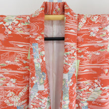 Load image into Gallery viewer, 小紋 正絹 縮緬 ちりめん オレンジ色x多色 えり華製 色紙に風景模様 カジュアル カラフル 仕立て上がり 身丈154cm