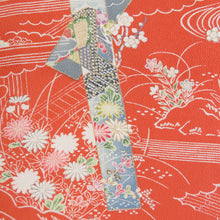 Load image into Gallery viewer, 小紋 正絹 縮緬 ちりめん オレンジ色x多色 えり華製 色紙に風景模様 カジュアル カラフル 仕立て上がり 身丈154cm