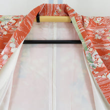 Load image into Gallery viewer, 小紋 正絹 縮緬 ちりめん オレンジ色x多色 えり華製 色紙に風景模様 カジュアル カラフル 仕立て上がり 身丈154cm