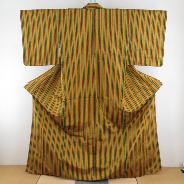 紬 着物 縦縞模様 辛子色x黒色x赤色x緑色 袷 広衿 絹 仕立て上がり