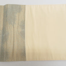 Load image into Gallery viewer, 袋帯 正絹 地紙文様 刺繍入り 金糸 金色x緑色 ゴールド系 お太鼓柄 フォーマル 礼装 長さ432cm