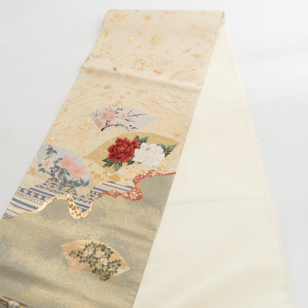 袋帯 正絹 地紙文様 刺繍入り 金糸 金色x緑色 ゴールド系 お太鼓柄