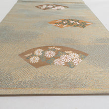 Load image into Gallery viewer, 袋帯 正絹 地紙文様 刺繍入り 金糸 金色x緑色 ゴールド系 お太鼓柄 フォーマル 礼装 長さ432cm