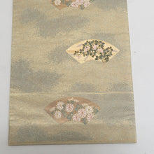 Load image into Gallery viewer, 袋帯 正絹 地紙文様 刺繍入り 金糸 金色x緑色 ゴールド系 お太鼓柄 フォーマル 礼装 長さ432cm