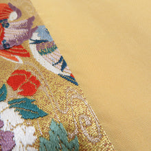 Load image into Gallery viewer, 袋帯 正絹 流水に鳥と花々紋様 刺繍入り 金糸 金色x多色 ゴールド系 六通柄 フォーマル 礼装 長さ424cm