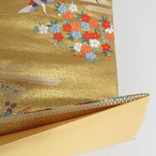 Load image into Gallery viewer, 袋帯 正絹 流水に鳥と花々紋様 刺繍入り 金糸 金色x多色 ゴールド系 六通柄 フォーマル 礼装 長さ424cm