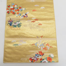 Load image into Gallery viewer, 袋帯 正絹 流水に鳥と花々紋様 刺繍入り 金糸 金色x多色 ゴールド系 六通柄 フォーマル 礼装 長さ424cm