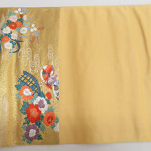 Load image into Gallery viewer, 袋帯 正絹 流水に鳥と花々紋様 刺繍入り 金糸 金色x多色 ゴールド系 六通柄 フォーマル 礼装 長さ424cm