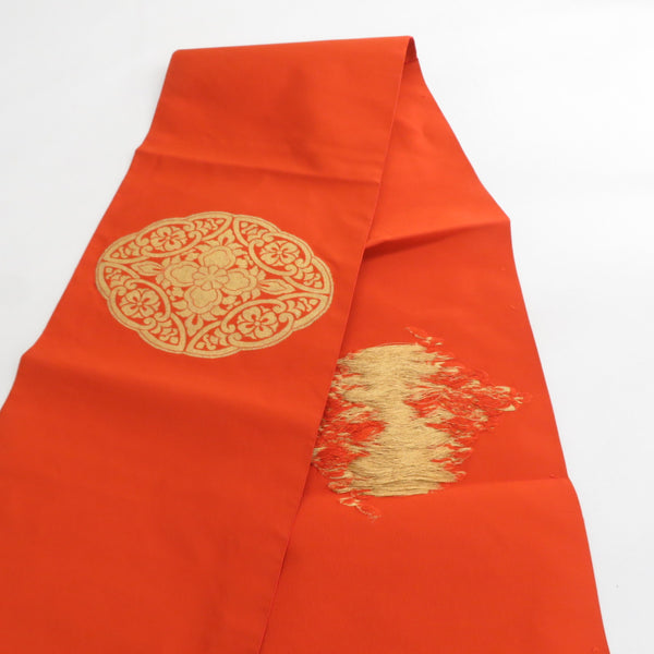 名古屋帯 正絹 華文模様 本綴れ オレンジ色x金色 金糸 お太鼓柄
