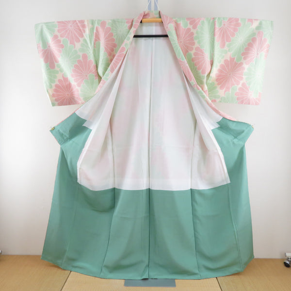 紬 着物 カラフル 赤色x緑色x黄色 菱型菊模様 袷 広衿 正絹