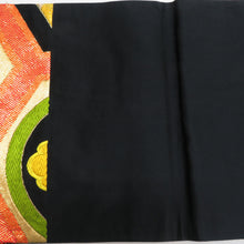 Load image into Gallery viewer, 袋帯 正絹 振袖用 亀甲に蝶々と五三桐文 黒色x金色x多色 金糸 六通柄 フォーマル 礼装 長さ424cm