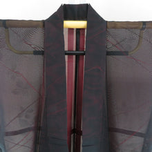 Load image into Gallery viewer, 夏着物 単衣 紗 バチ衿 枝に小花模様 正絹 黒色x朱色 夏用 仕立て上がり 身丈162cm