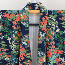Load image into Gallery viewer, 小紋 袷 紺色x緑色xオレンジ色 カラフル 花々模様 正絹 広衿 仕立て上がり着物 身丈160cm