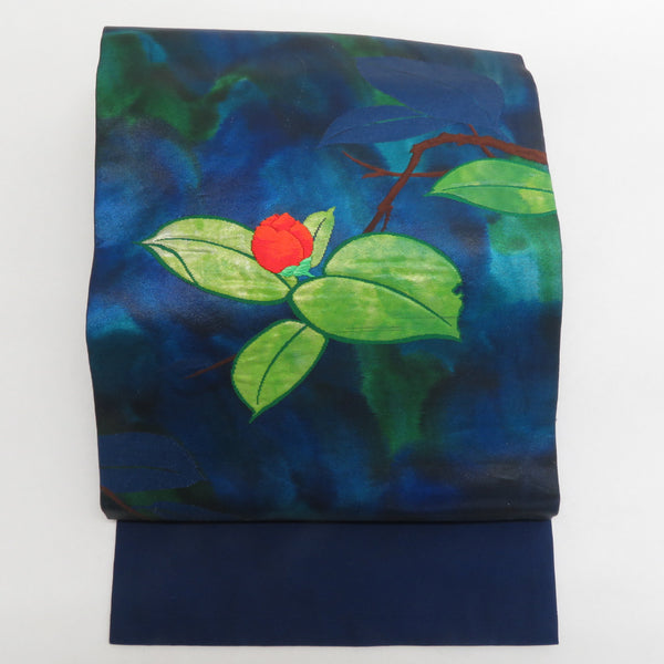 名古屋帯 正絹 紺色x黄緑色xオレンジ色 カラフル 花文様 お太鼓柄