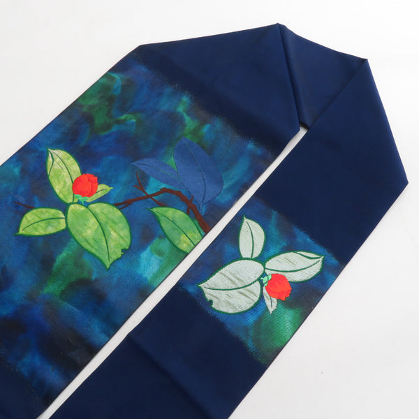 名古屋帯 正絹 紺色x黄緑色xオレンジ色 カラフル 花文様 お太鼓柄