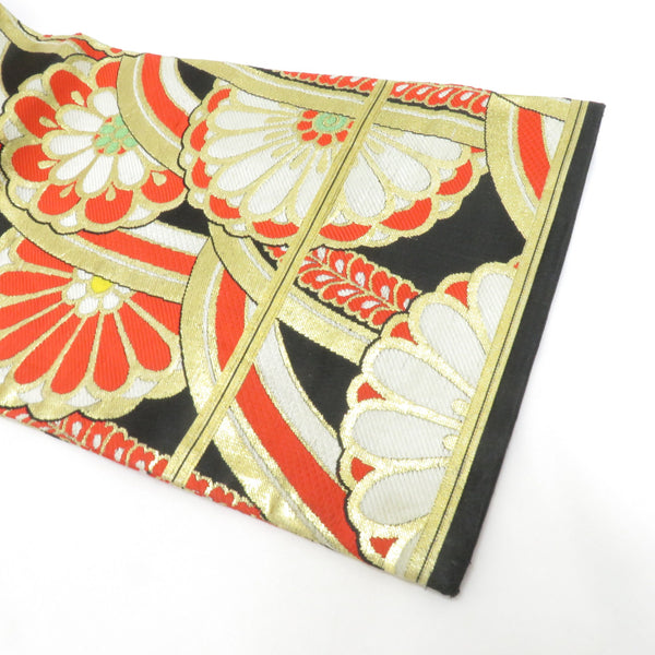 七五三に　アンティーク　子供用丸帯　正絹濃いピンク色に扇 子供帯 まとめて3点セット 正絹 丸帯仕立て 黒×金×オレンジ 赤