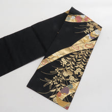 Load image into Gallery viewer, 名古屋帯 正絹 ゴールド系 金糸 黒色x金色x多色 六通柄 熨斗に花々文様 仕立て上がり 着物帯 長さ363cm