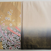 Load image into Gallery viewer, 袋帯 振袖用 金色x灰色 御所車に小桜文様 六通柄 正絹 仕立て上がり 着物帯 長さ424cm