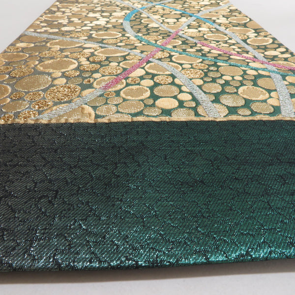 袋帯 西陣織 証紙付き 振袖用 金色x緑色 金糸銀糸 水玉文様 六通柄