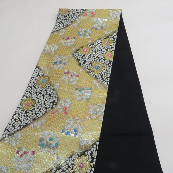 袋帯　振袖帯　市松模様　ビビットカラー　着物　044a p 袋帯 振袖用 金色x黒色x多色 ゴールド系 市松に桜文様 六通柄 正絹