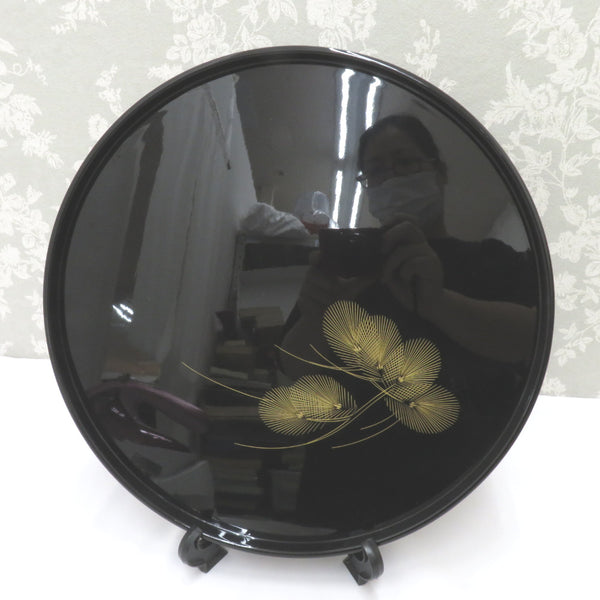 骨董・民芸品 輪島塗 輪光堂謹製 御盆 丸盆 平盆 漆器 沈金 黒 能登