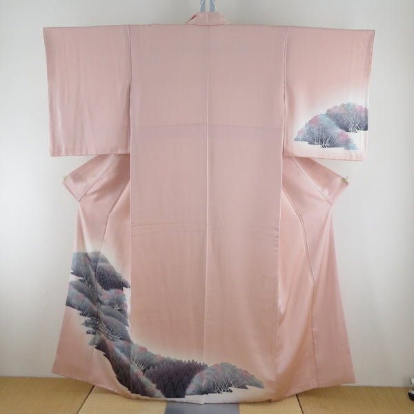 付下げ 袷 くすみピンク色x灰色x薄青色 ぼかし染め 風景紋様 広衿 付下げ 袷 くすみピンク色x灰色x薄青色 ぼかし染め 風景紋様 広衿
