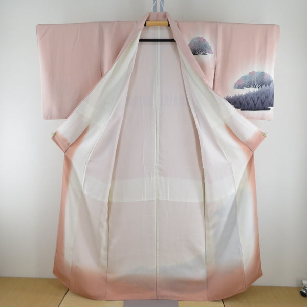 付下げ 袷 くすみピンク色x灰色x薄青色 ぼかし染め 風景紋様 広衿