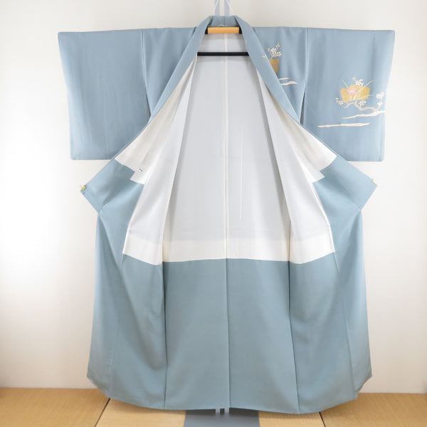 訪問着 袷 グレーブルーｘゴールドｘ多色 箔に花紋様 一つ紋 右三つ巴紋 広衿 余り布付き 正絹 パールトーン加工入り 仕立て上がり着物 身丈154cm【中古】 訪問着 袷 グレーブルーxゴールドx多色 箔に花紋様 一つ紋 右三つ巴