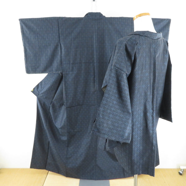 紺色紬アンサンブル✳︎羽織and長着 紬 着物 大島紬 アンサンブル 羽織付き 紺色x青色 縦菱型模様 袷 バチ