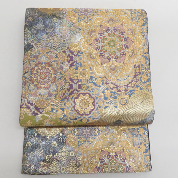 袋帯 華文紋様 金色x黒色x多色 金糸銀糸 カラフル 六通柄 フォーマル