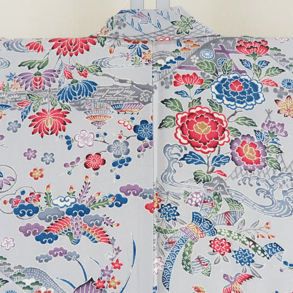 小紋 袷 灰色x赤色x緑色 カラフル 紅型風 花鳥風景模様 ゆったり幅