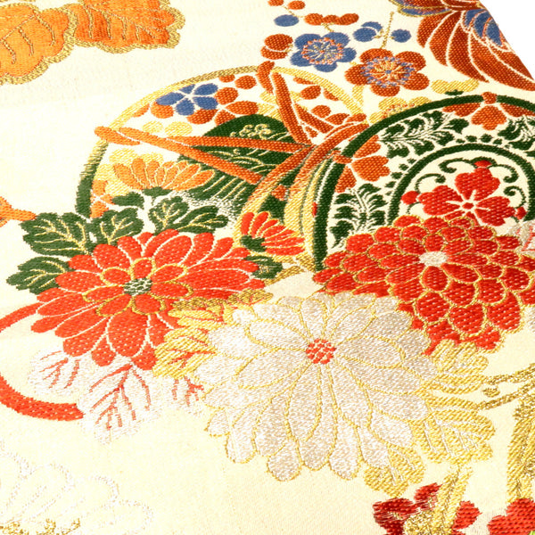丸帯 アンティーク帯 昔丸帯 絹 ベージュ金×多色 鼓 御所車 鶴 花々 