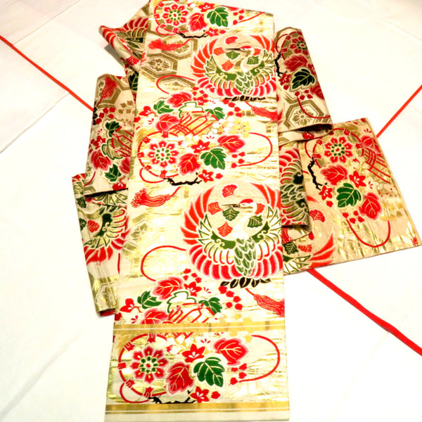 丸帯 アンティーク帯 昔丸帯 絹 薄ベージュ×多色 鼓 鶴 花文様 全通柄 