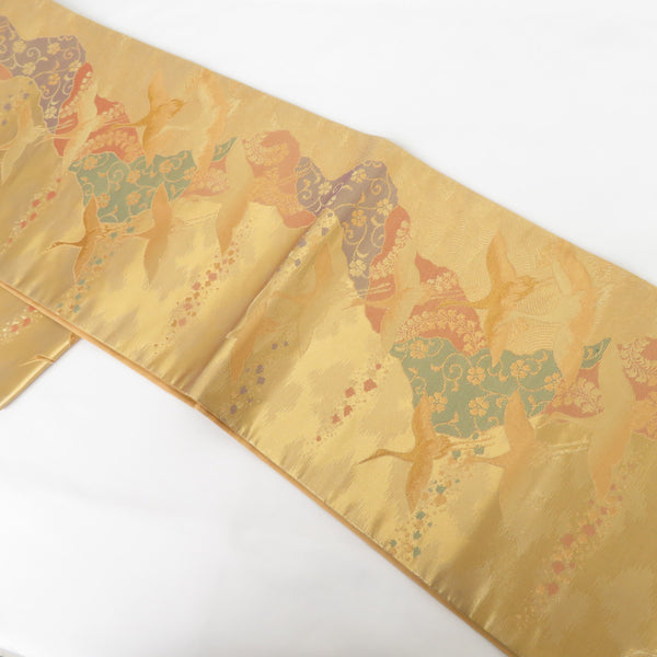 袋帯 飛鶴に草花文様 金色 金糸 六通柄 正絹 フォーマル 仕立て上がり 