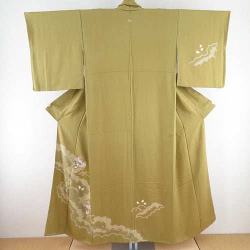 訪問着 絞り 刺繍 花丸文様 抹茶色 正絹 袷 広衿 一つ紋 セミフォーマル 仕立て上がり 身丈153cm