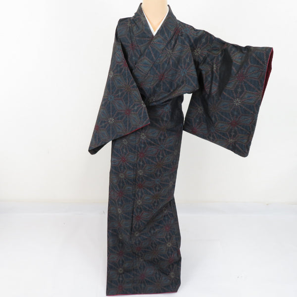 紬 着物 横双大島紬 麻の葉 織り文様 袷 広衿 黒色 正絹 カジュアル