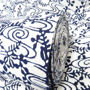 反物 浴衣用 木綿 着尺 白×藍 綿100％ 萩柄 未仕立て品 着物生地 長さ1150cm