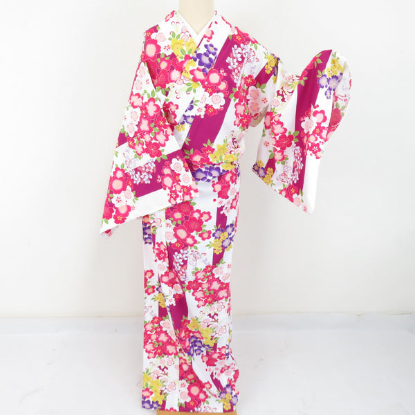 夏着物 小紋 洗える着物 単衣 桜に花文様 白・紫色 バチ衿 Fサイズ 