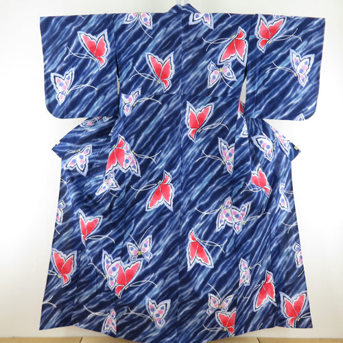 浴衣 女性用ゆかた コーマ地 青紫色 蝶々柄 木綿 夏物 レディース 仕立て上がり 身丈158cm