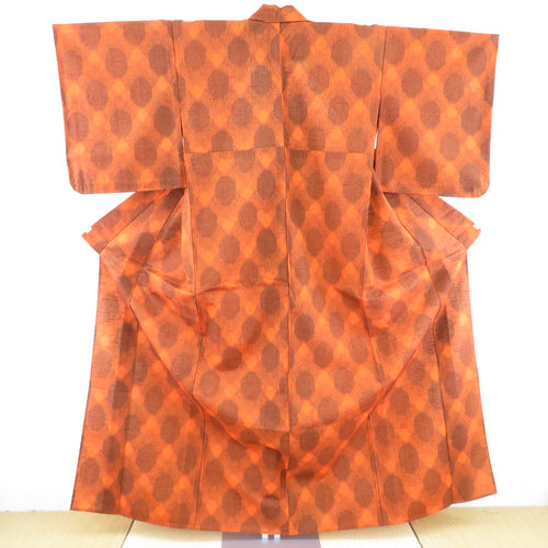 ウール着物 単衣 オレンジ×茶色 幾何学菱模様 バチ衿 カジュアルきもの 普段着物 仕立て上がり 身丈161cm 美品