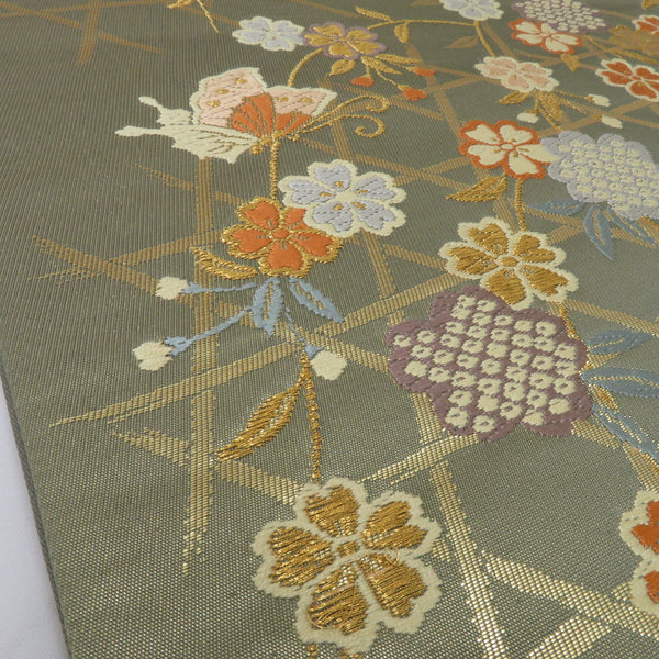pk387 正絹 紗綾形 カゴメ 蝶々 金糸 フォーマルな袋帯 六通-商品の画像