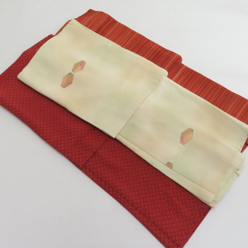 羽織 羽織セット 3点セット 絹 赤色ｘオレンジ色ｘ薄黄色 鹿の子模様ｘ縞模様ｘ六角花模様 和装コート カジュアル