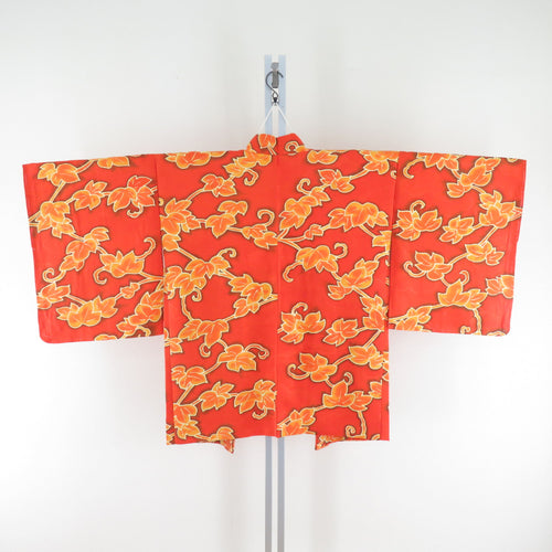羽織 正絹 葉っぱ模様 地文様 雲に流水模様 オレンジ色ｘ黄色 着物コート 着物用 身丈78.5cm 美品