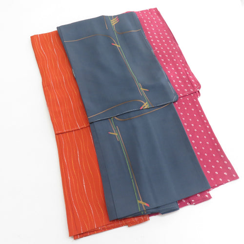 羽織 羽織セット 3点セット 絹 ブルーグレーｘオレンジｘピンク 幾何学ｘよろけ縞ドットｘ麻の葉絞り柄 和装コート カジュアル
