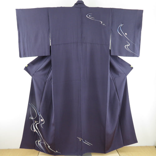 訪問着 友禅染 波に千鳥文様 紫色 袷 広衿 正絹 紋なし 仕立て上がり 身丈156cm 美品